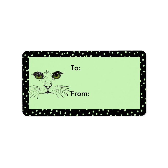 Cat Face Green Eyes Black Polka Dot Border Label (Front)