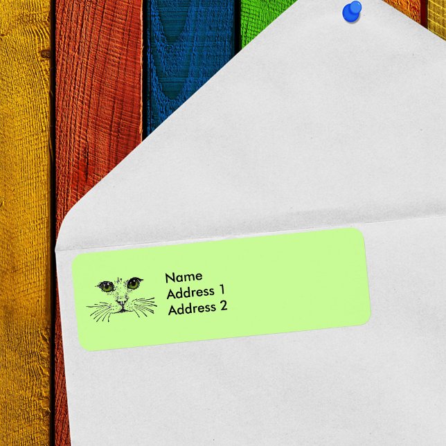 Cat Face Green Eyes Whiskers (Cat face drawing in black with green eyes on light green return address labels.)