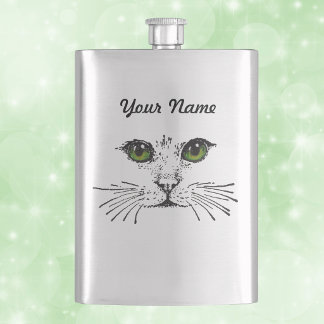 Cat Face Green Eyes Whiskers Hip Flask