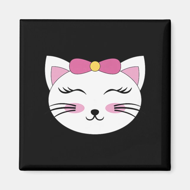 Cat Face Head Eyelashes Closed Eyes Smile Bow Magnet (Front)