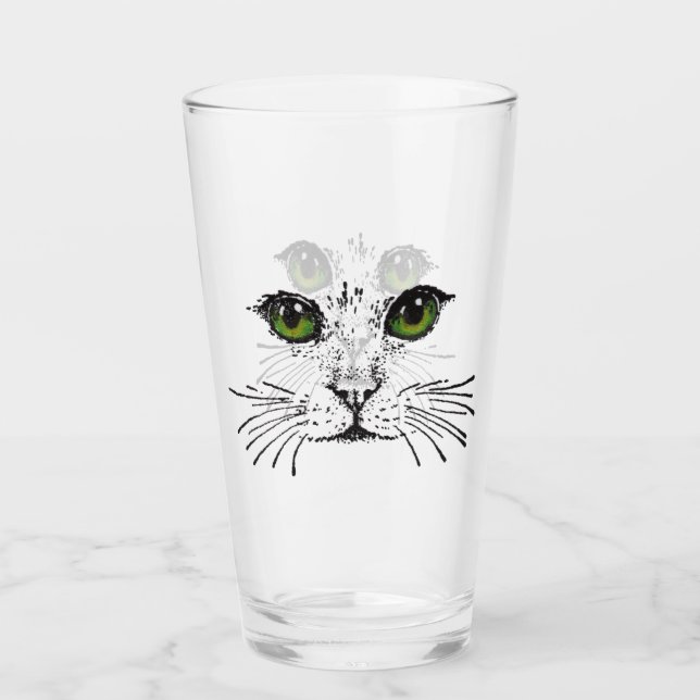 Cat Face Illustration in Black Vibrant Green Eyes Glass (Front)