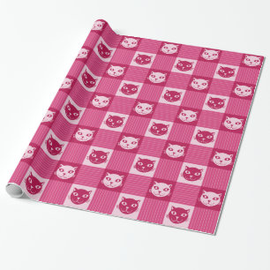 Cat Face Pink Gingham Pattern Cute Wrapping Paper