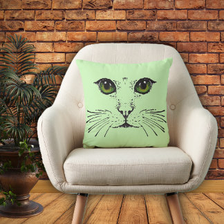 Cat Face Sketch Deep Green Eyes long Whiskers Cushion