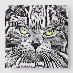 Cat face square wall clock