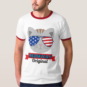 Cat Face with American Flag Sunglasses Funny T-Shirt