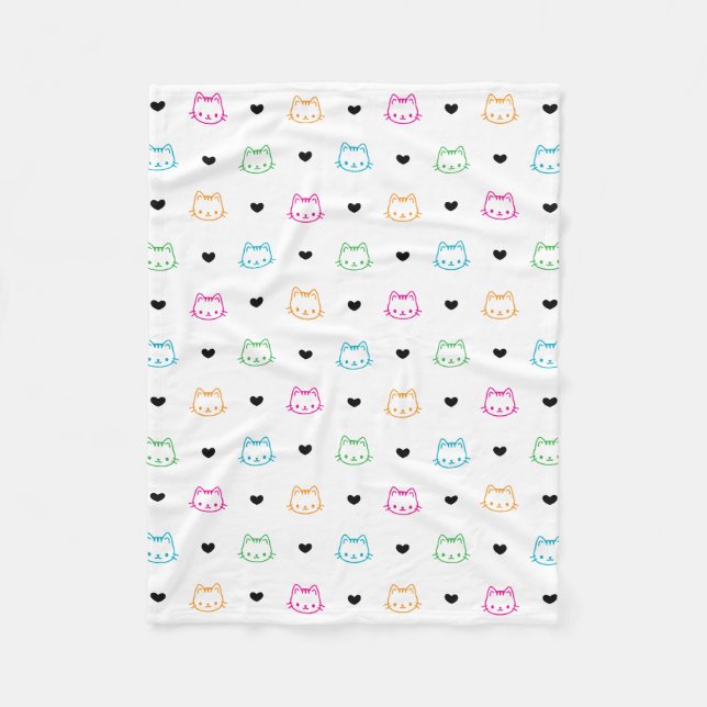 Cat Faces and Hearts Cute Cat Theme for Kids Fleece Blanket (Front)