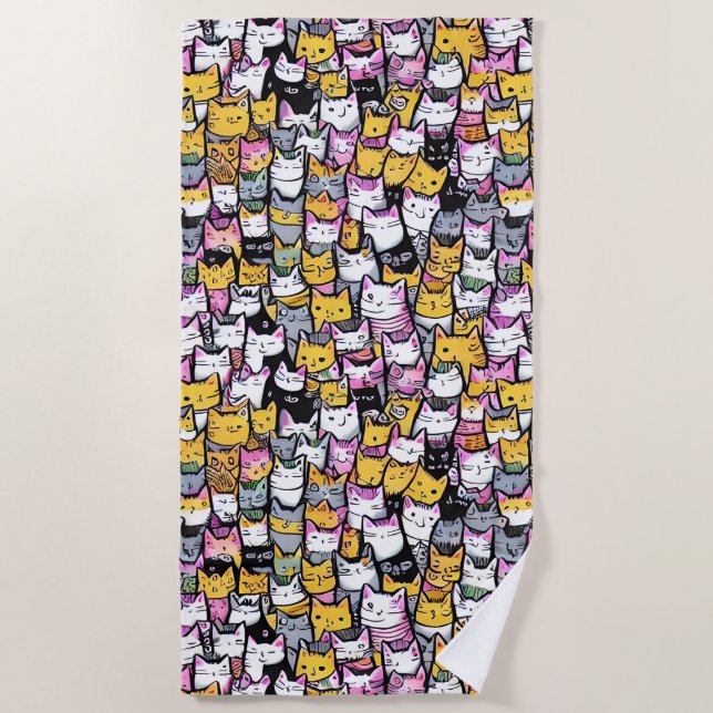 Cat faces cute kittie pets doodle pattern beach towel (Front)