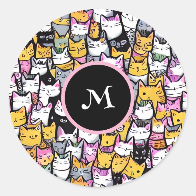 Cat faces doodle pattern feline pets monogram fun classic round sticker (Front)