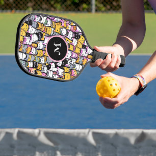 Cat faces doodle pattern feline pets monogram fun pickleball paddle