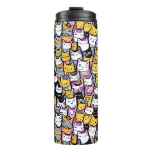 Cat faces doodle pattern print feline pet kittens thermal tumbler