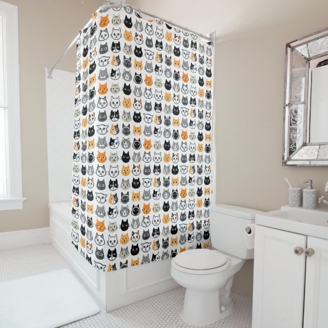 Cat Faces Pattern | Cool Kitty Cat Lover's Shower Curtain (In Situ)