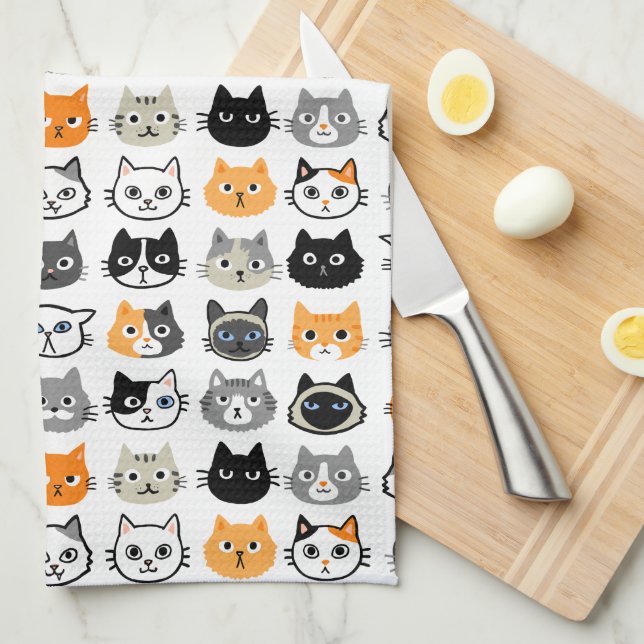 Cat Faces Pattern | Cool Kitty Cat Lover's Tea Towel (Quarter Fold)