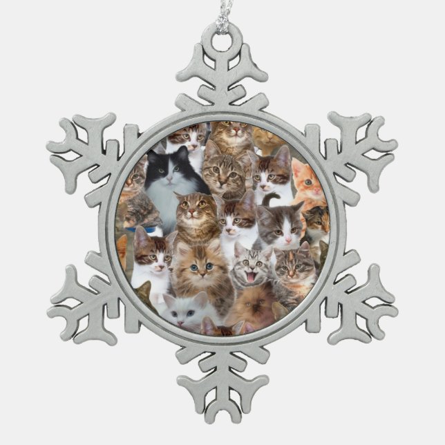 Cat Faces Pattern Snowflake Pewter Christmas Ornament (Front)