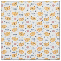 Cat faces with Fish Bones Sewing Fabric For Crafts