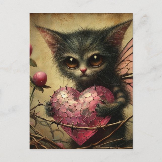 Cat Fairy Pink Heart Brambles Postcard (Front)