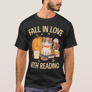 Cat Fall In Love With Reading Book Lover Autumn T-Shirt