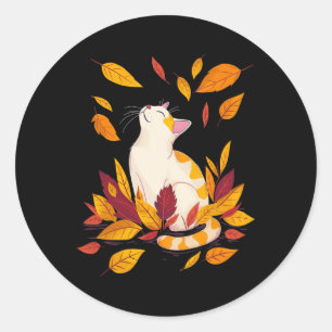 Cat Fall Leaf Tree Hello Autumn Thanksgiving Classic Round Sticker