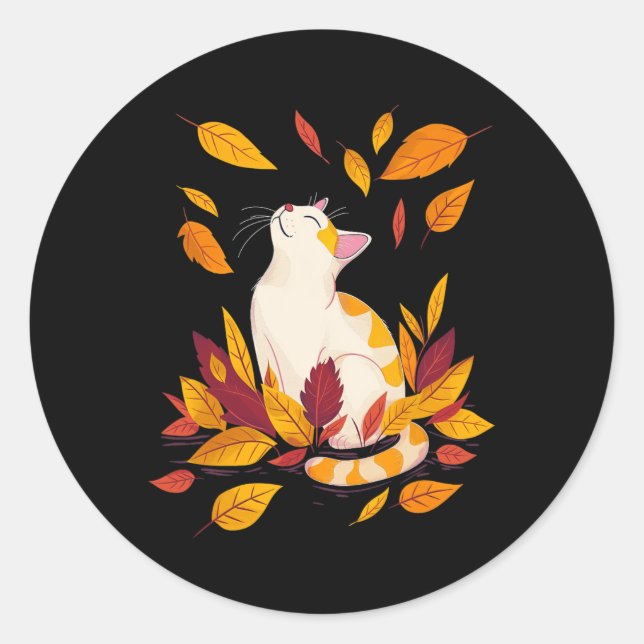 Cat Fall Leaf Tree Hello Autumn Thanksgiving  Classic Round Sticker (Front)
