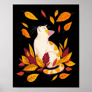 Cat Fall Leaf Tree Hello Autumn Thanksgiving Poster