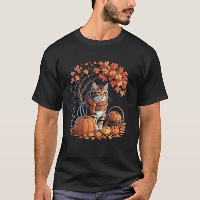 Cat Fall Scarf Pumpkin Autumn Kitten Lover Thanksg T-Shirt (Front)