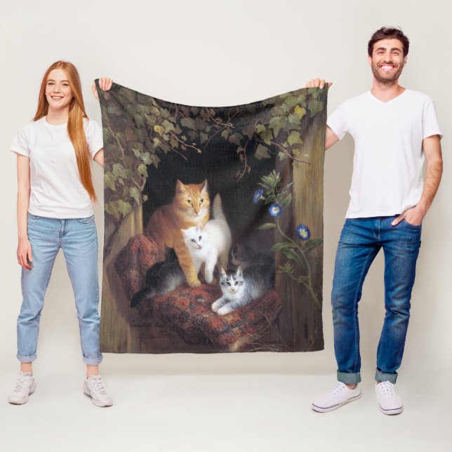 Cat Family and Ivy Leaf by Henriette Ronner-Knip Fleece Blanket (In Situ)