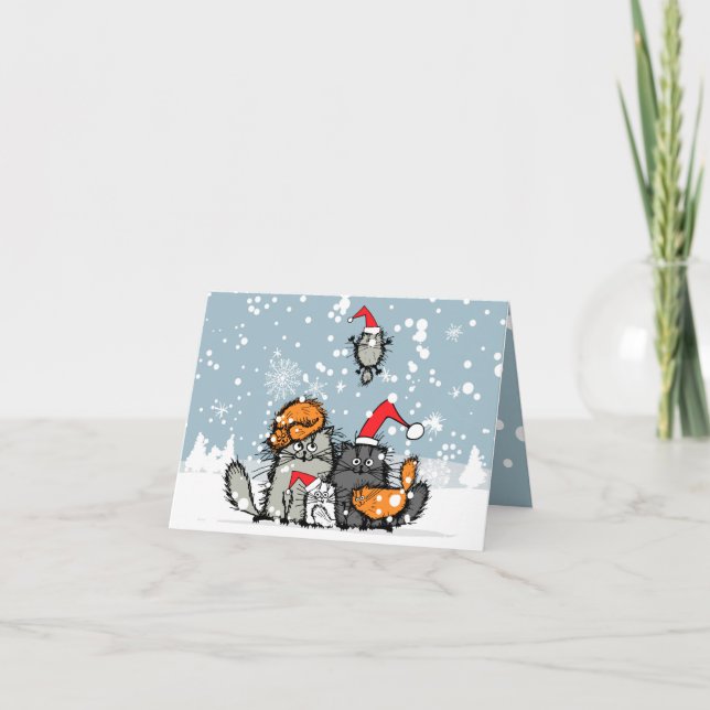 Cat Family Christmas, snow, cartoon, funny Holiday Card (Front)