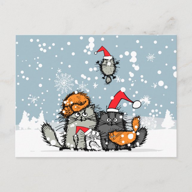 Cat Family Christmas, snow, cartoon, funny Holiday Postcard (Front)