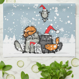 Cat family portrait in the snow tea towel