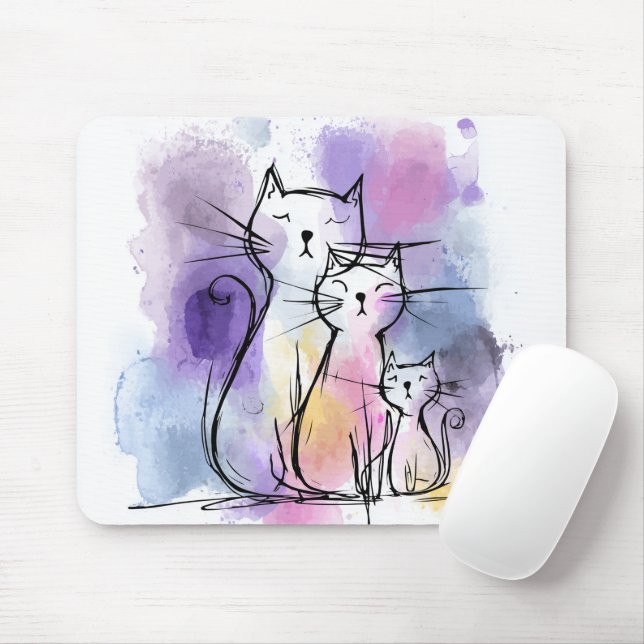 Cat Family Sketch Home Office Mousepad Gift (With Mouse)
