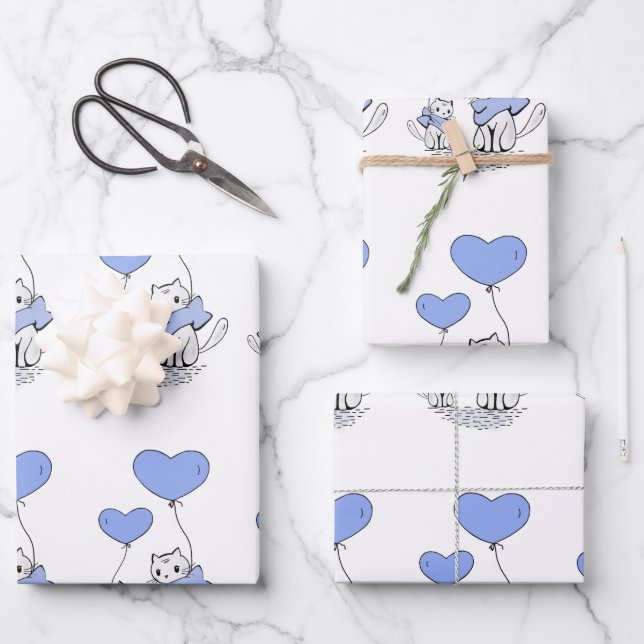 Cat Family With Blue Heart Balloons Wrapping Paper Sheet (Front)