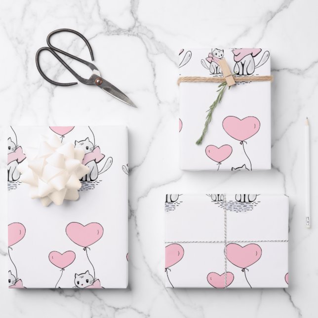 Cat Family With Pink Heart Balloons Wrapping Paper Sheet (Front)