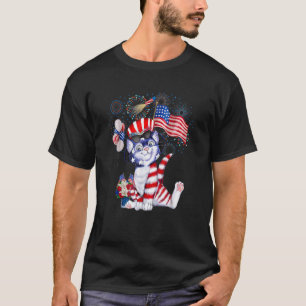 Cat Fireworks 4th Of July American Flag Patriotic T-Shirt