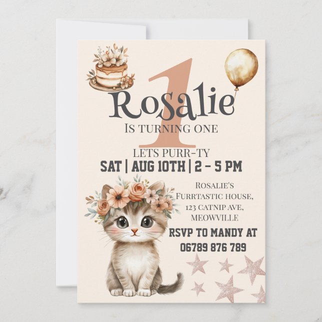 Cat first birthday invitation for girls (Front)
