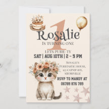 Cat first birthday invitation for girls