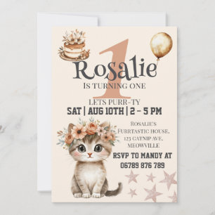 Cat first birthday invitation for girls