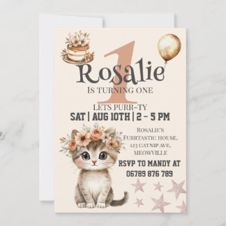 Cat first birthday invitation for girls