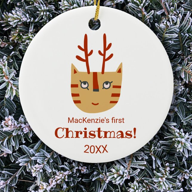 Cat First Christmas Ceramic Tree Decoration (Fun cat personalized name first Christmas ornament)
