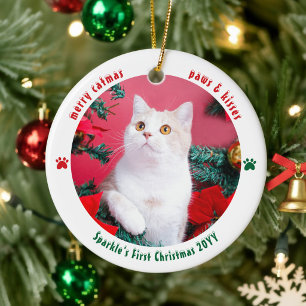Cat First Christmas Custom 2 Photo Pet Ceramic Tree Decoration