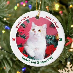 Cat First Christmas Custom 2 Photo Pet  Ceramic Tree Decoration