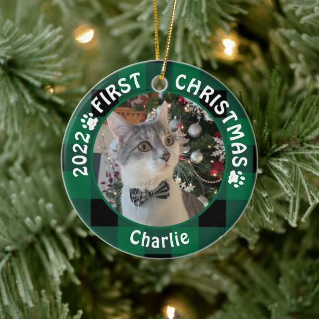 Cat FIRST CHRISTMAS Green Buffalo Plaid 2 Photo Ceramic Tree Decoration (Tree)