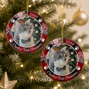 Cat First Christmas Red Black Plaid Photo Ceramic Tree Decoration