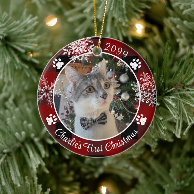 Cat First Christmas Red Black Plaid Photo Ceramic Tree Decoration (Tree)