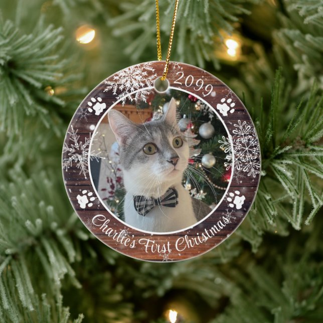 Cat First Christmas Rustic Wood Snowflake Photo Ceramic Tree Decoration (Tree)