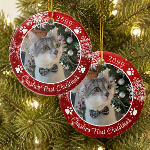Cat First Christmas Snowflake Photo Red White Ceramic Tree Decoration