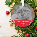 Cat first Christmas snowflakes photo Ornament<br><div class="desc">Cat first Christmas snowflakes photo Christmas ornament.
You can add your own photos and name to personalise.</div>