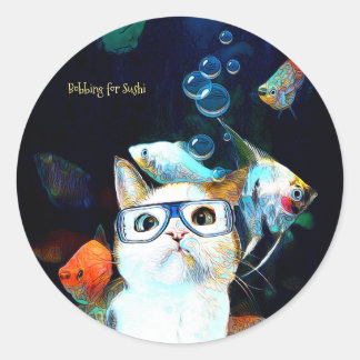 Cat Fish Sushi Humour Funny Fantasy Round Sticker