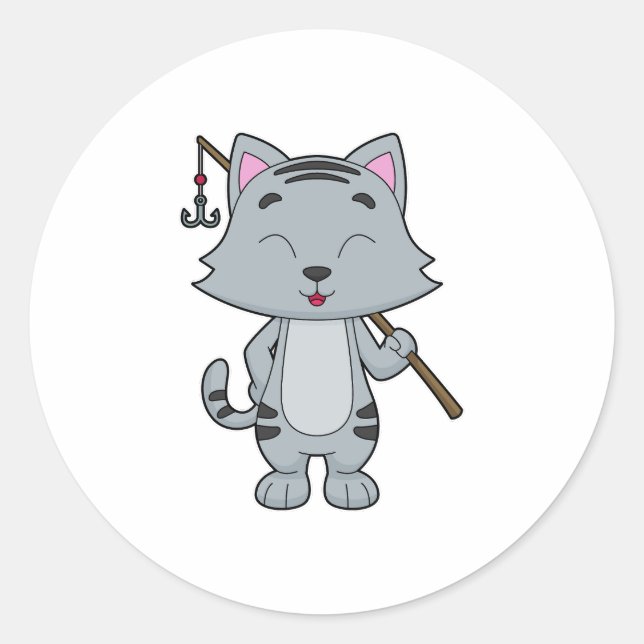 Cat Fishing Fisher Finshing rod Classic Round Sticker (Front)
