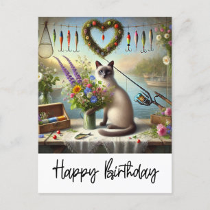 Cat Fishing Lovers drinking Coffee Birthday  Postcard