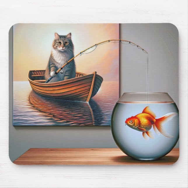Cat Fishing Painting With Goldfish Mouse Mat (Front)