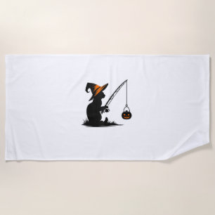 Cat Fishing Pumpkin Halloween Costume Cat Lover Beach Towel